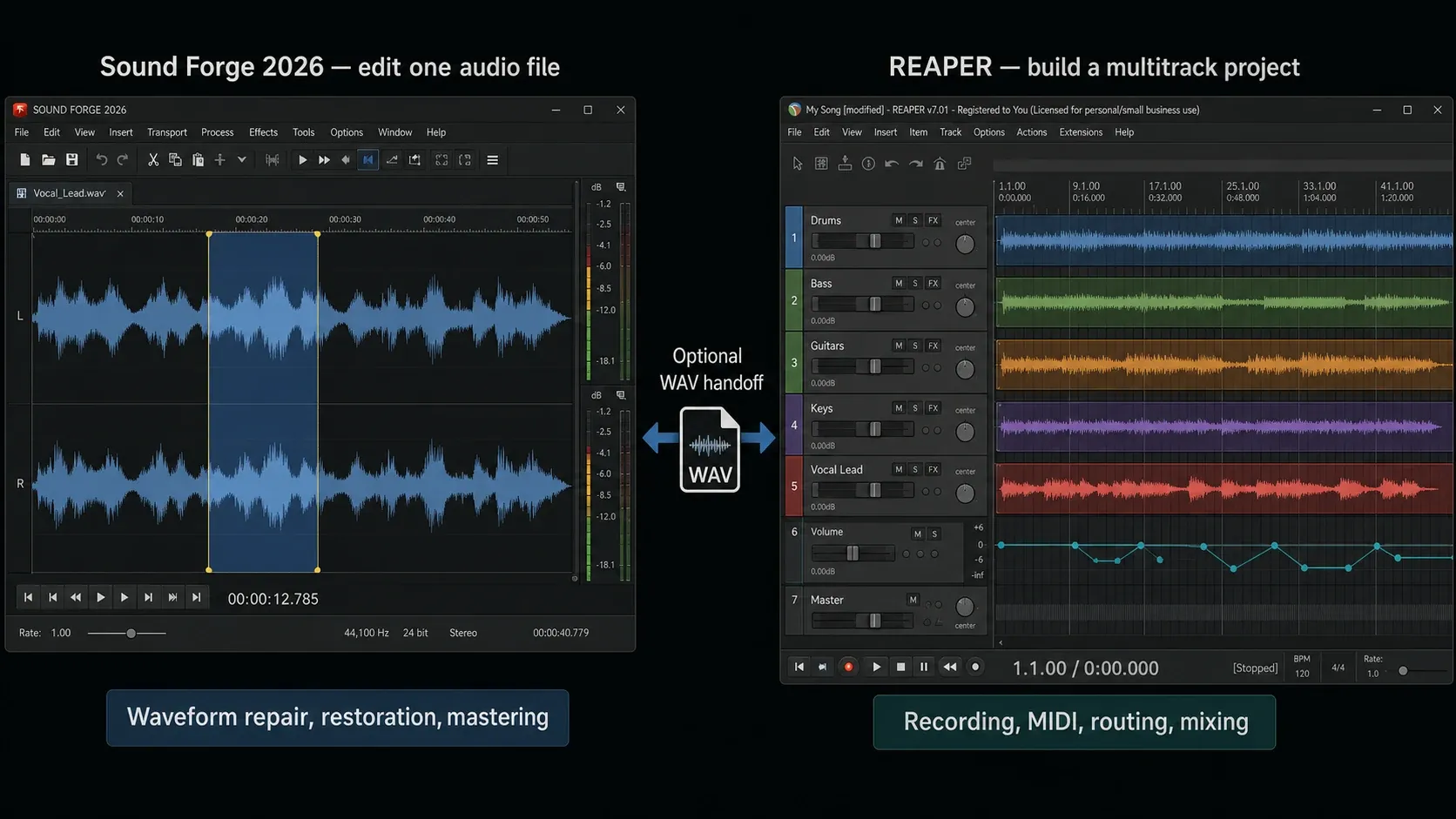 One file open in Sound Forge beside a REAPER project, with a WAV handoff between them