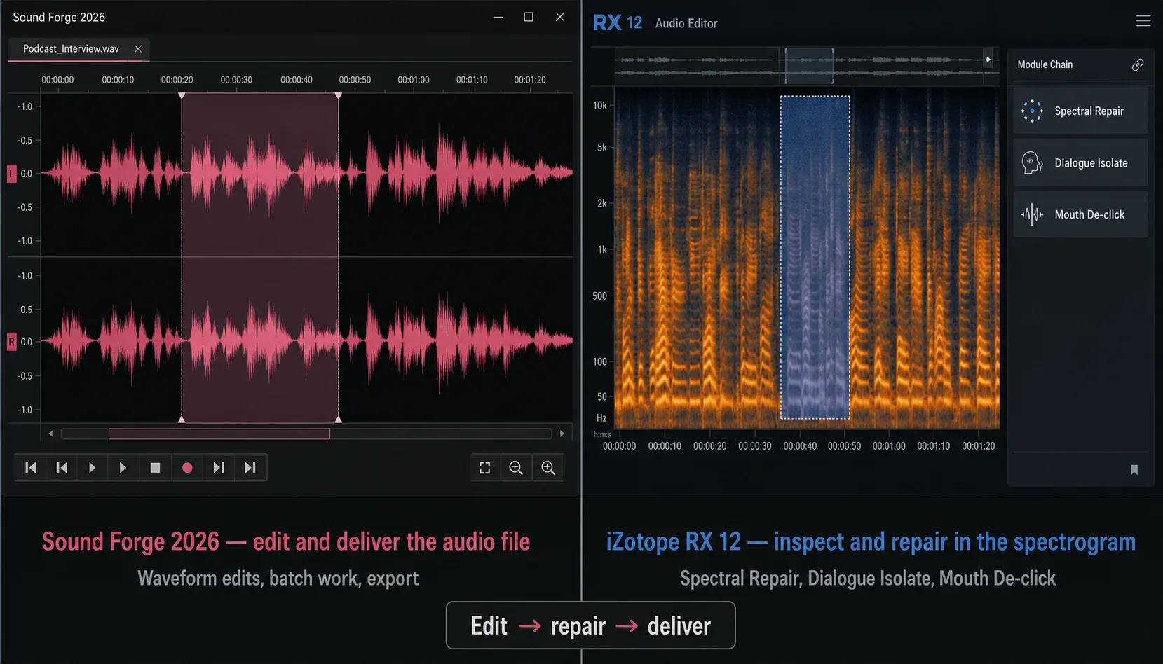 Sound Forge 2026 waveform editing beside iZotope RX 12 spectral repair workflow