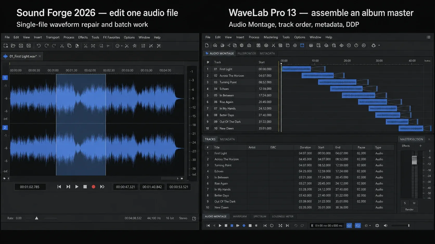 Sound Forge 2026 single-file waveform editor beside WaveLab Pro 13 Audio Montage album mastering workspace