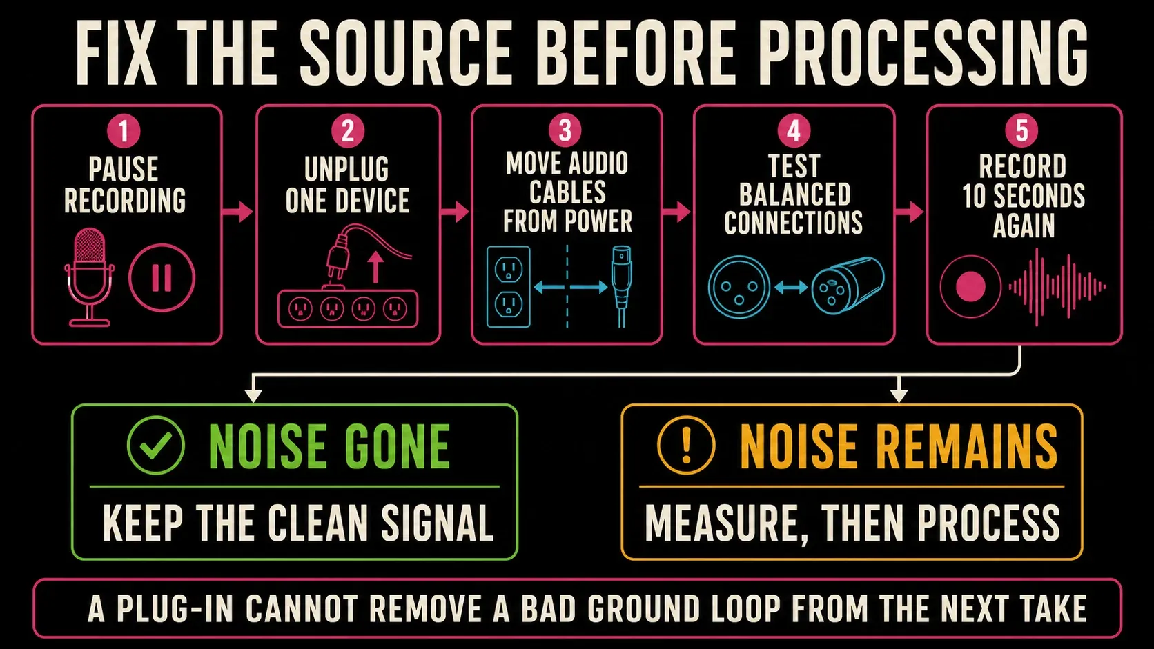 Source-first checklist for tracing hum through cables power and audio hardware