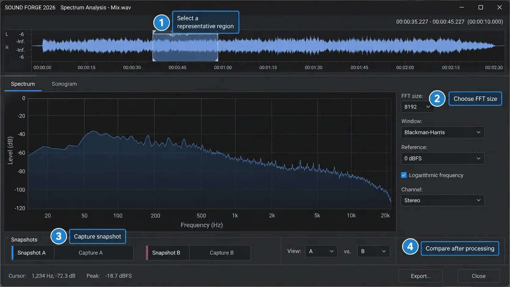 Sound Forge Spectrum Analysis with selected region FFT size snapshot and after-processing comparison