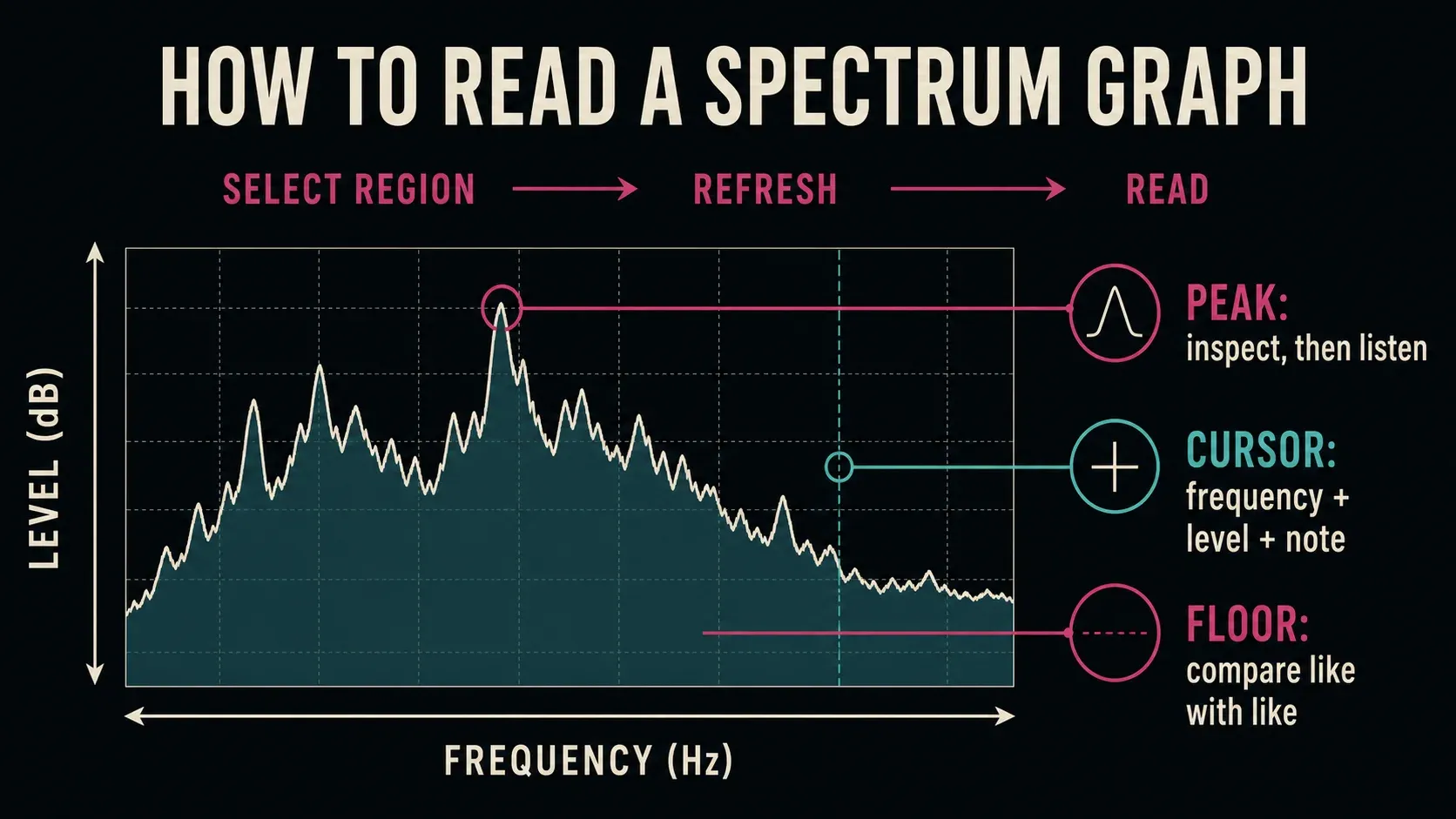 Spectrum graph axes with peak, noise floor, and cursor reading checks