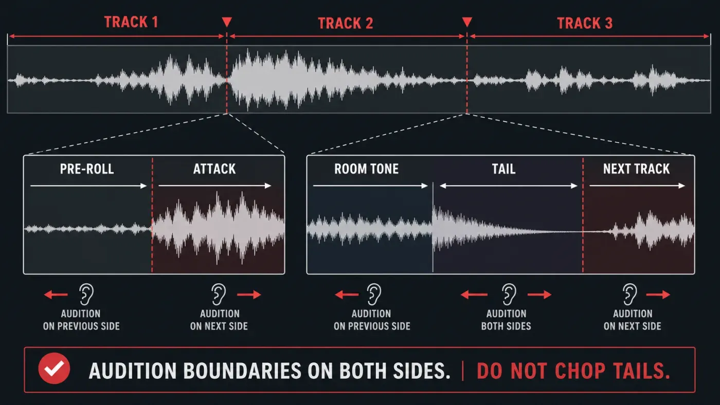Track split boundaries preserving pre-roll attacks room tone and reverb tails
