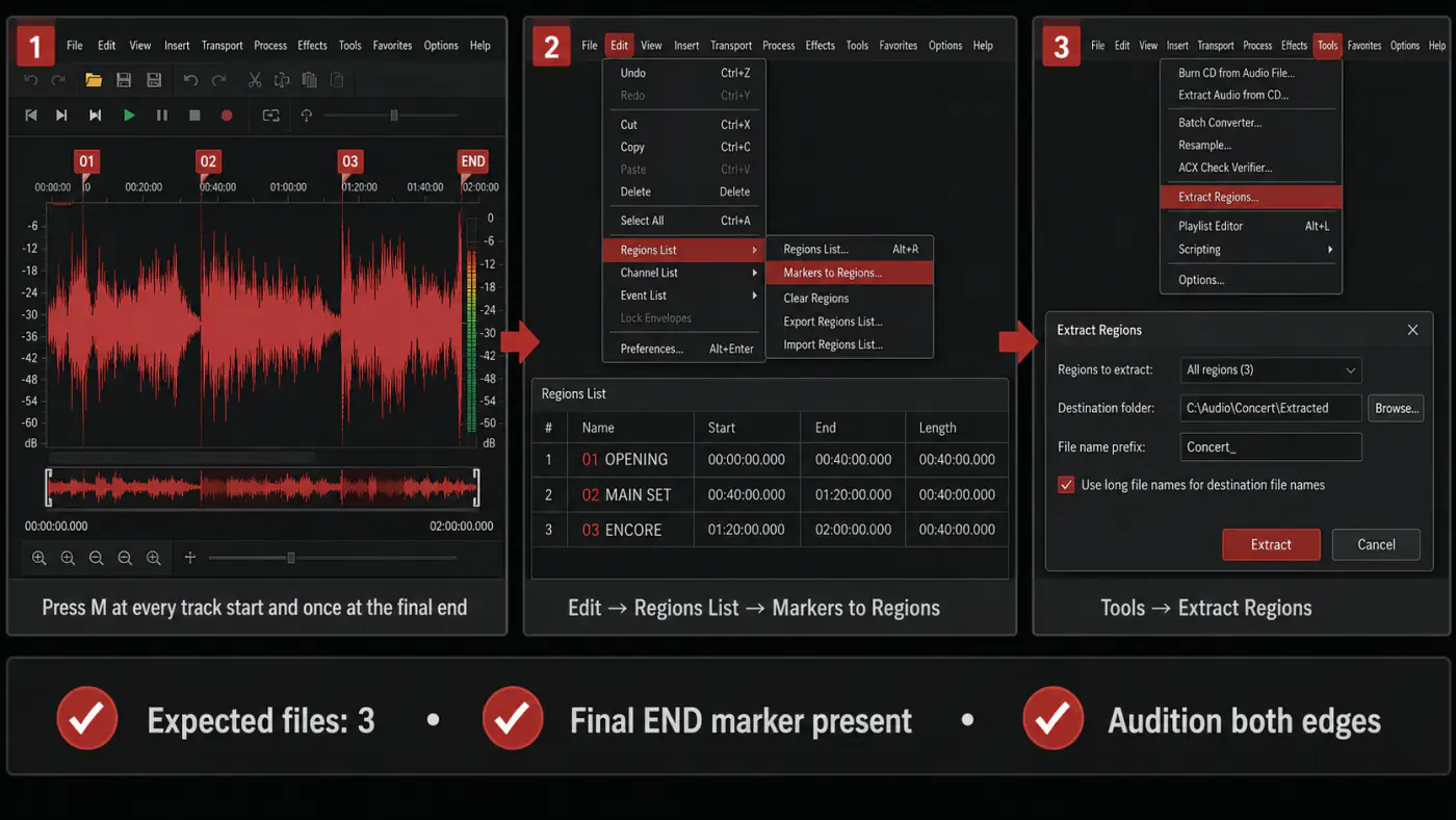 Sound Forge markers Regions List and Extract Regions interface workflow