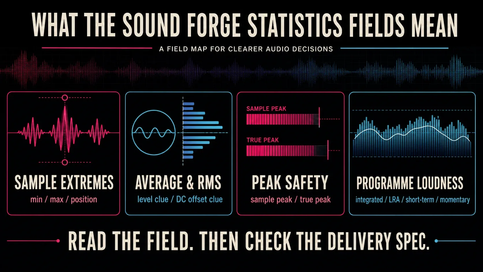 Sound Forge Statistics field map for sample extremes, RMS, true peak, and programme loudness