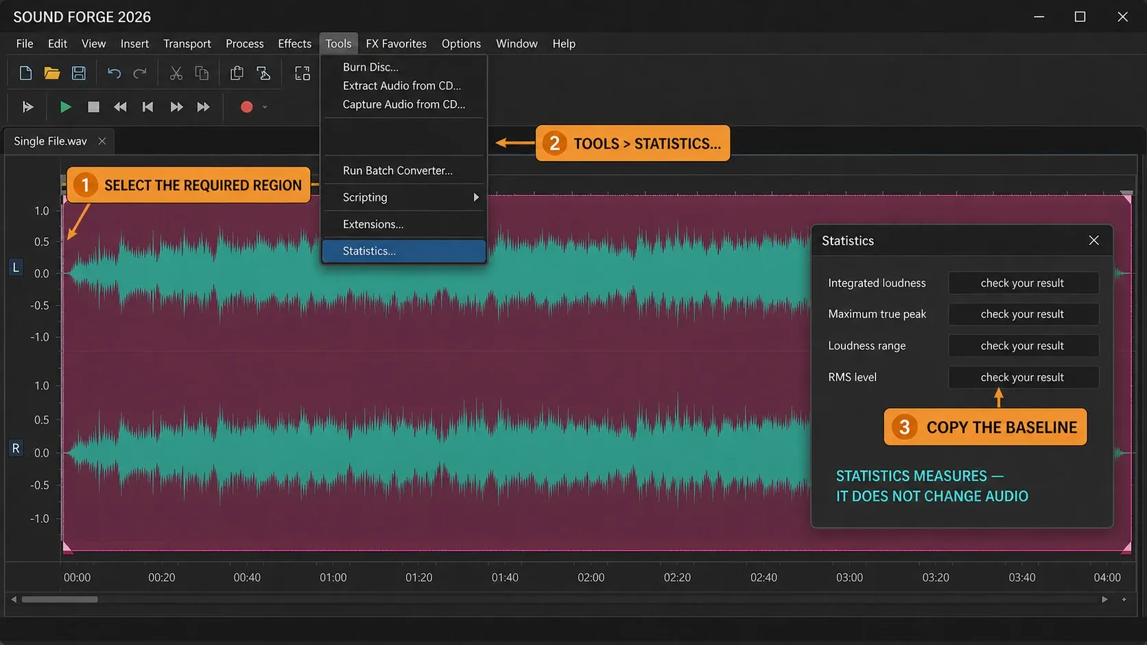 Sound Forge full-region selection and Tools Statistics report workflow