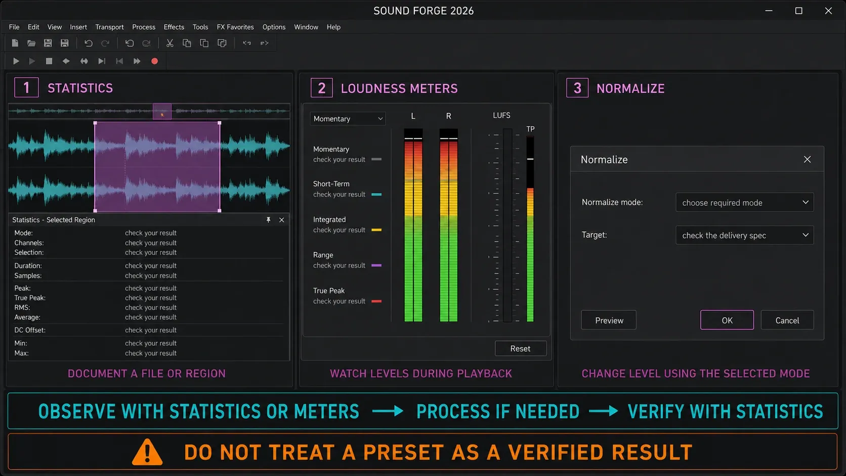 Sound Forge Statistics, Loudness Meters and Normalize workflow comparison