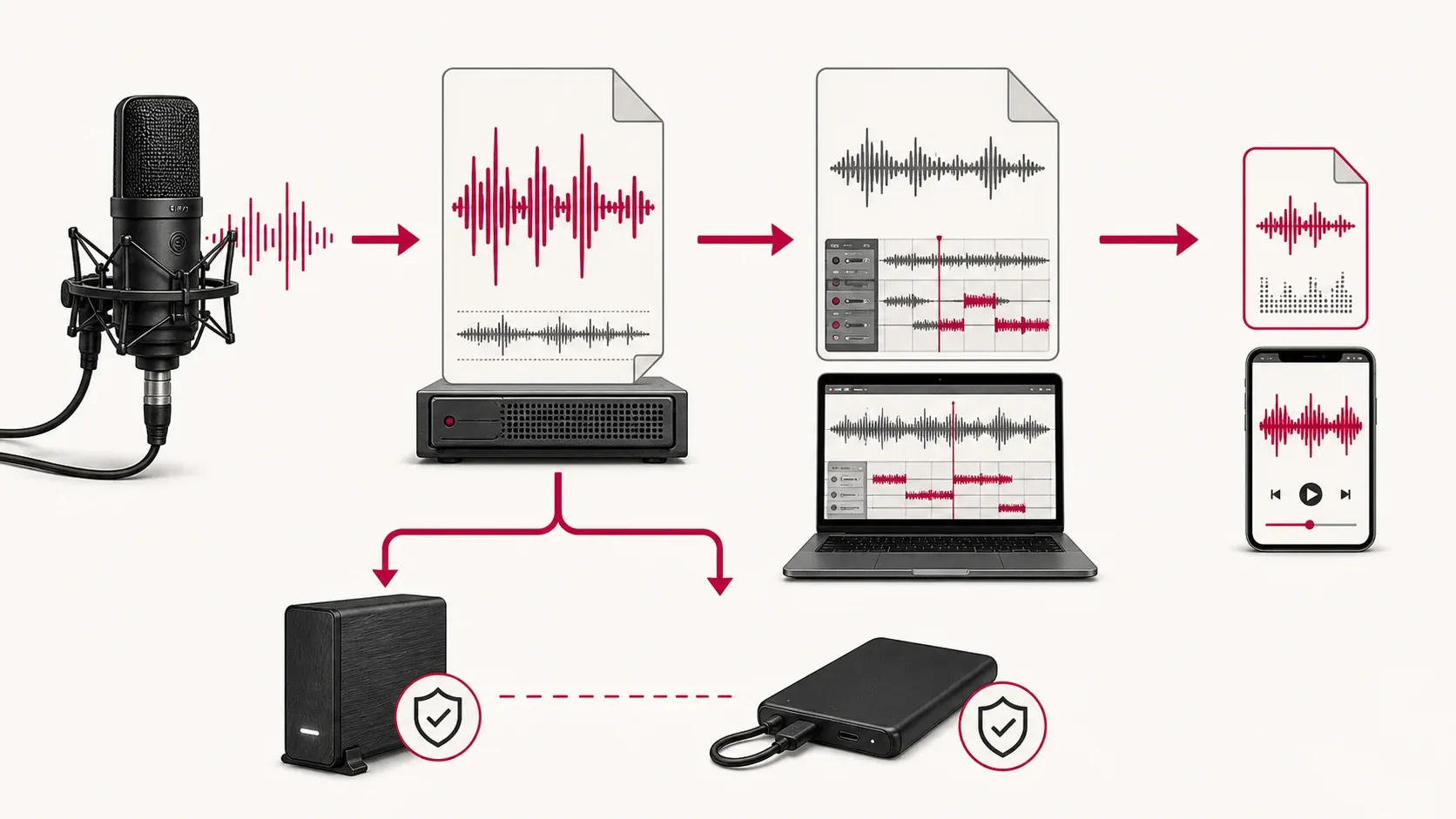 Audio storage plan with source master, working edit, delivery copy and two independent backups