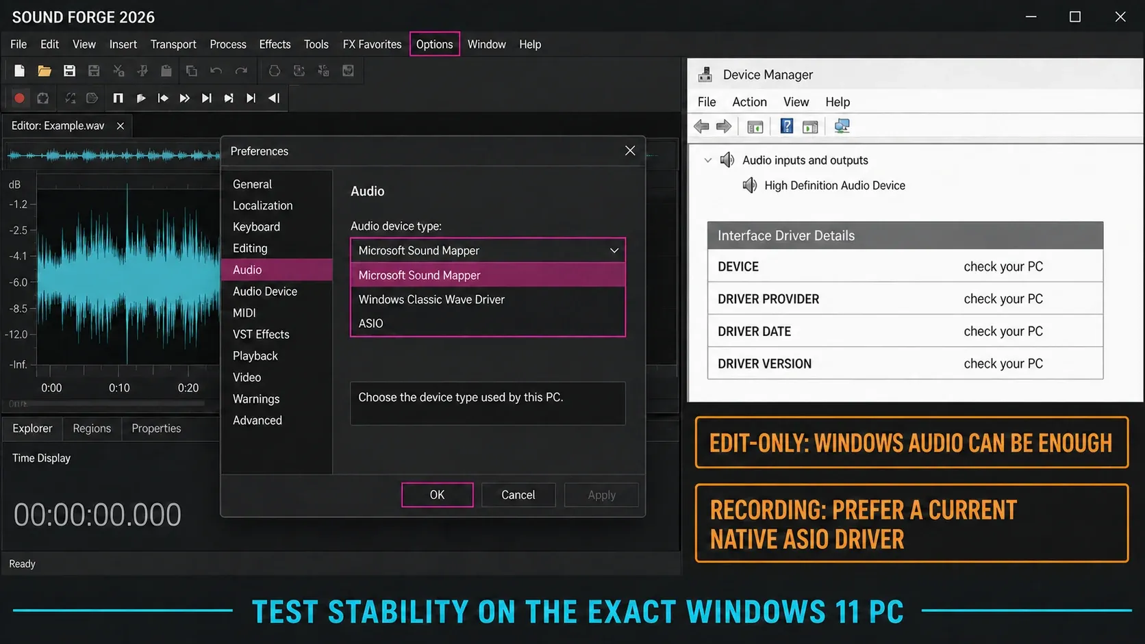 Audio Preferences in Sound Forge with ASIO and Windows driver options listed