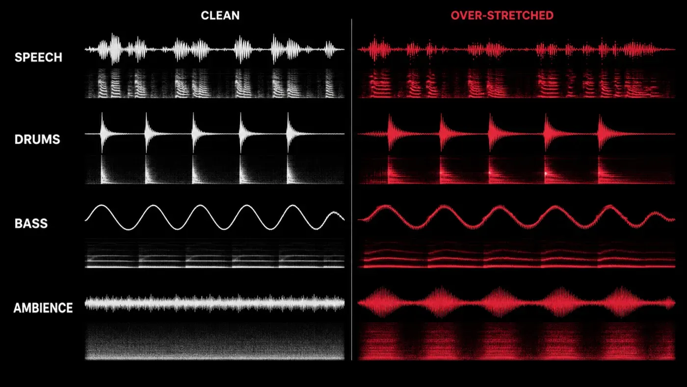 Clean and over-stretched speech drums bass and ambience artifact comparison