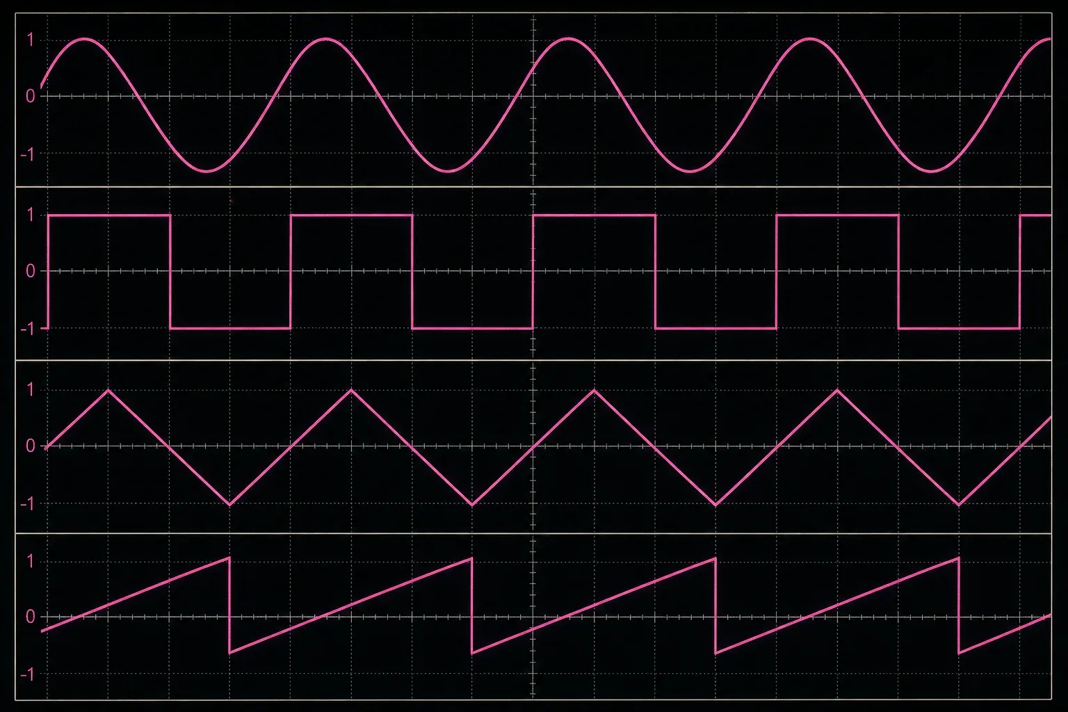 Sine, square, triangle and sawtooth waveforms compared at equal amplitude