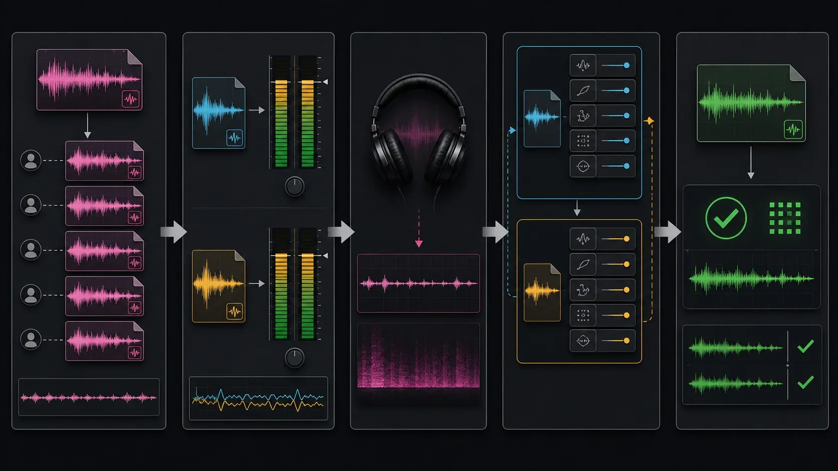 Five-step audio software trial using one source, level matching, residual listening, repeatability and export verification