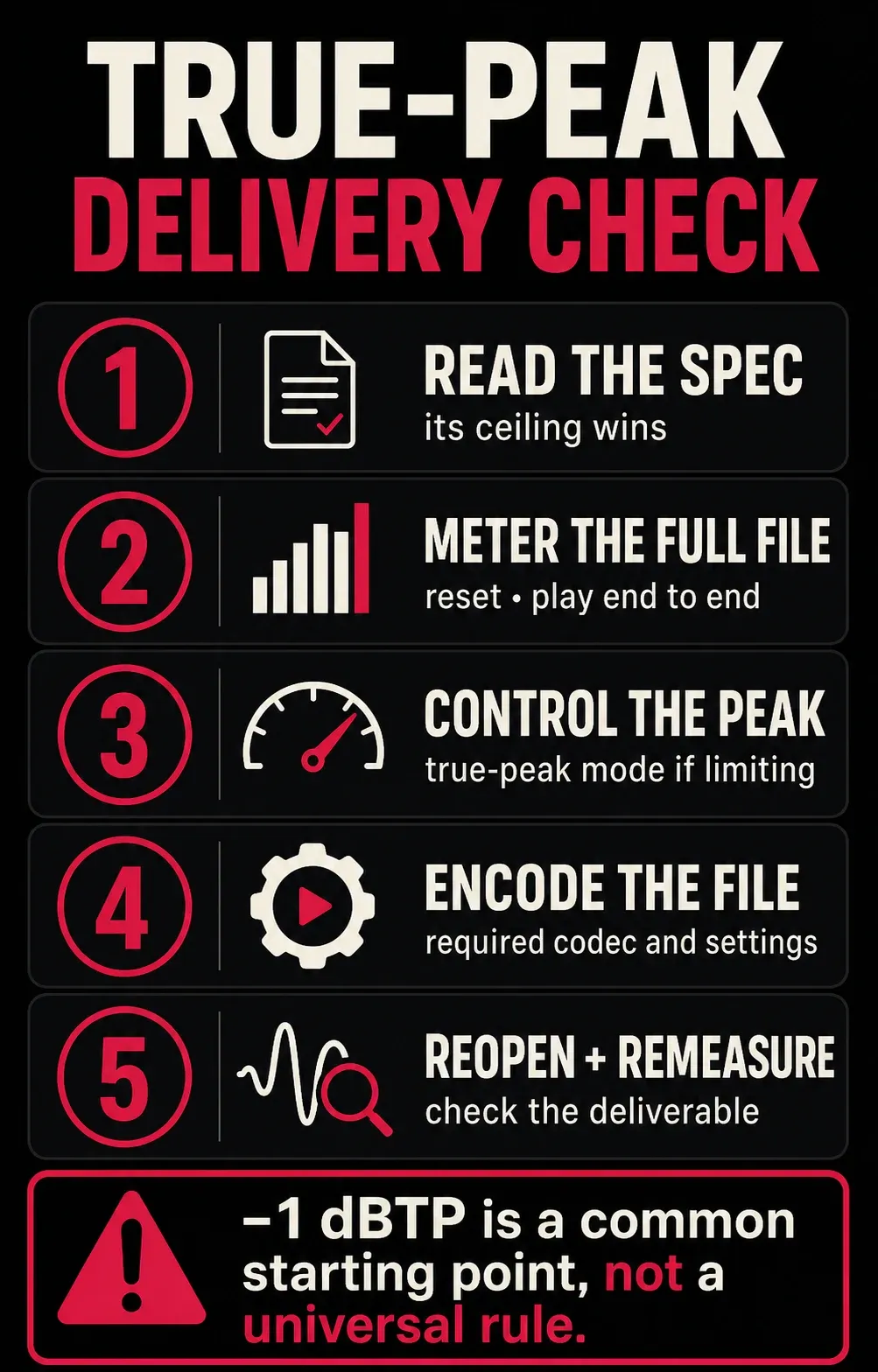 Five-step true-peak delivery check from reading the specification through remeasuring the encoded file