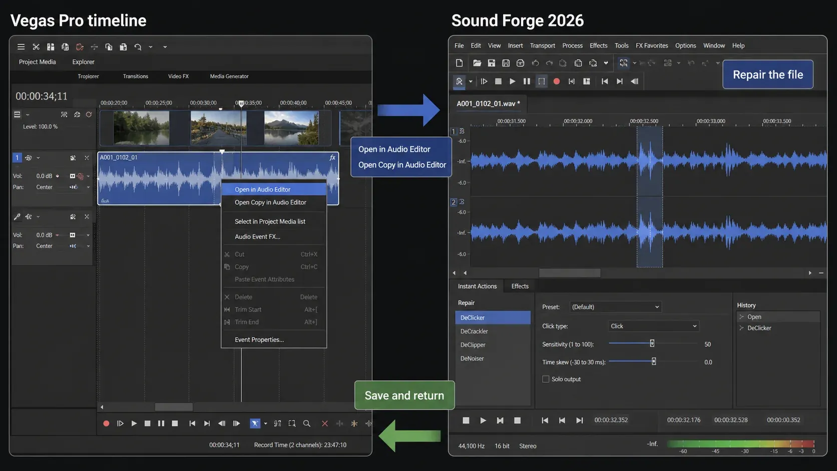 An audio event sent from Vegas Pro to Sound Forge for repair and returned as a new take