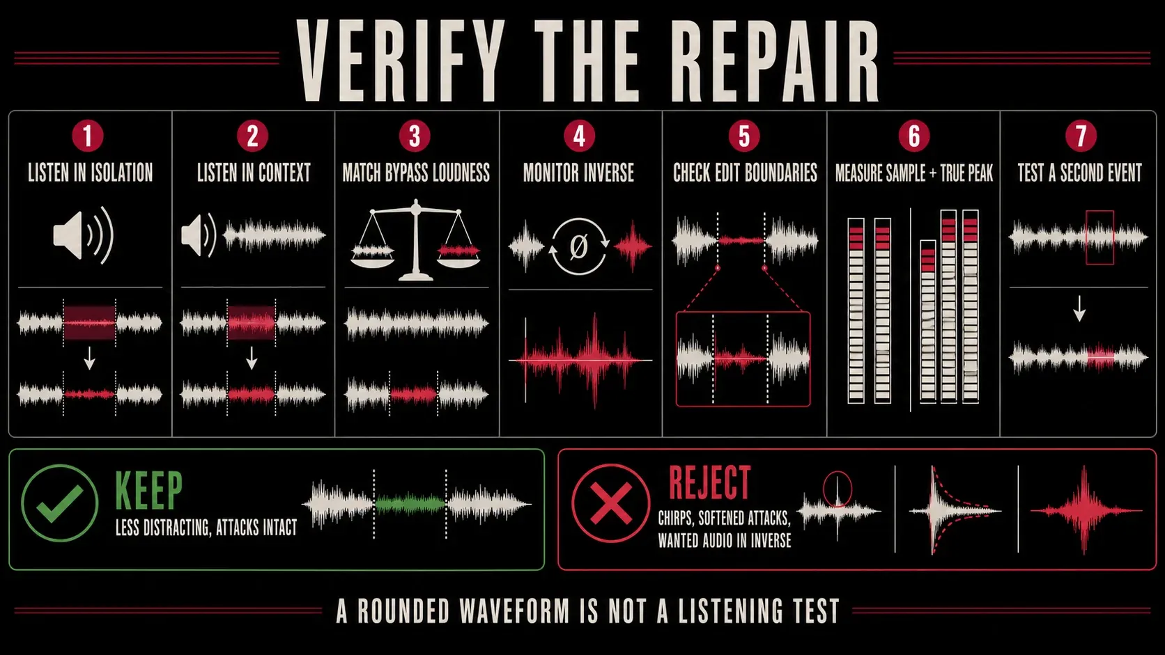 Seven listening and metering checks for accepting or rejecting a clipped audio repair