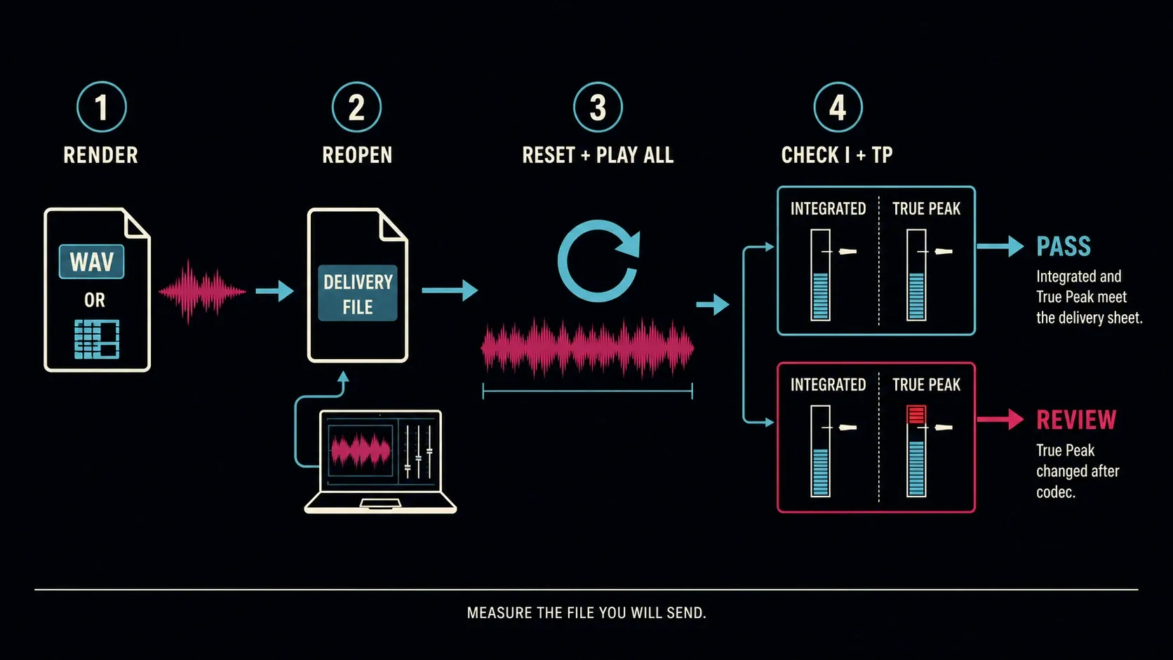 Rendered audio reopened and remeasured for integrated loudness and true peak