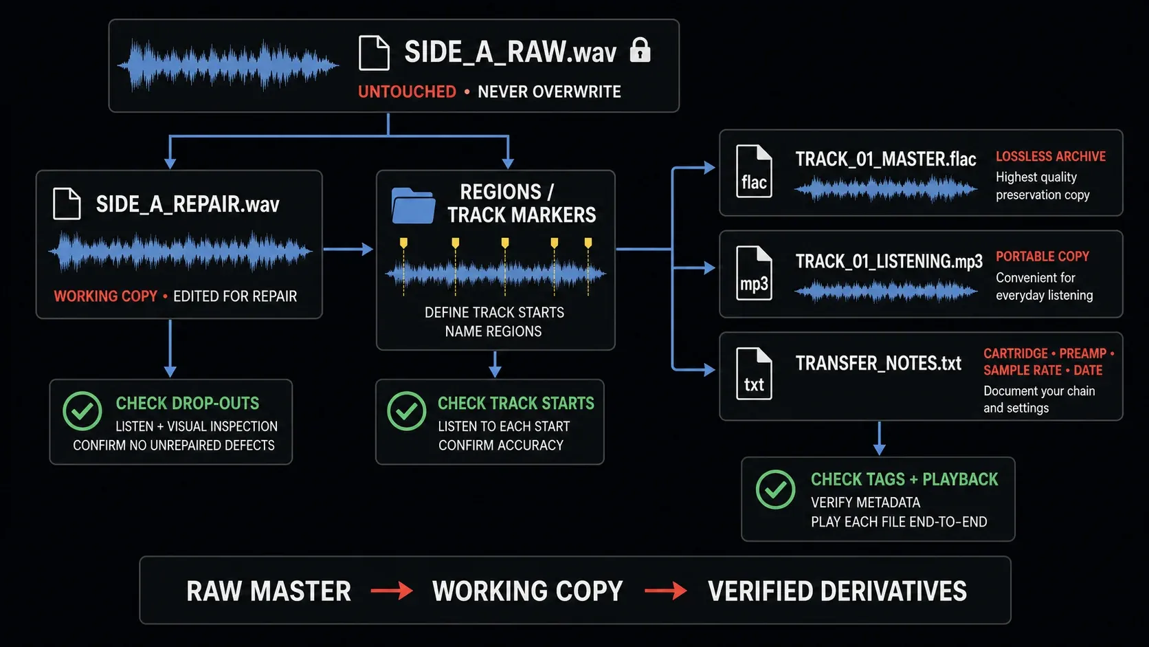 Vinyl archive file tree from raw side capture to repair copy and derivatives
