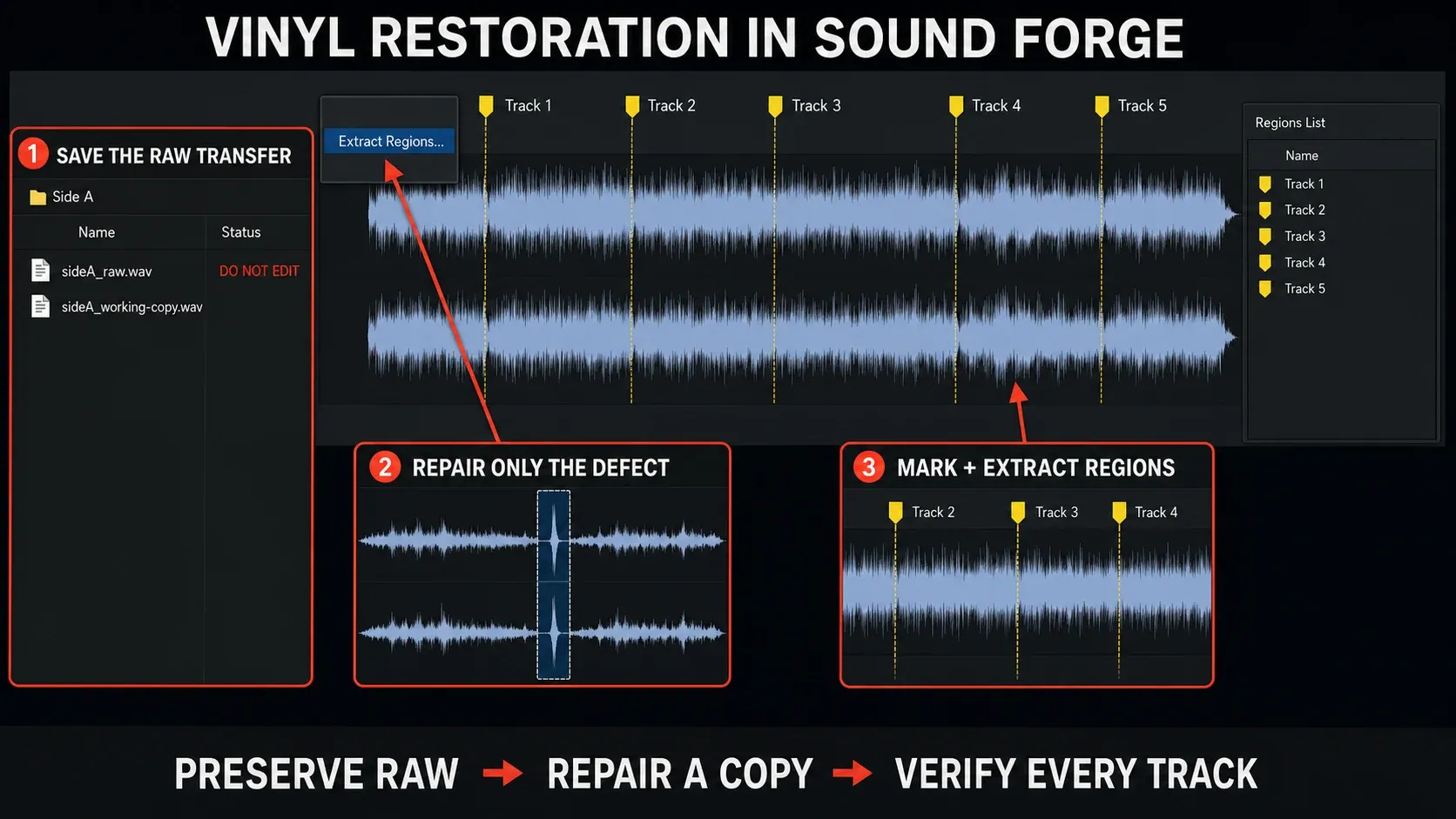 Sound Forge vinyl restoration workflow preserving a raw transfer repairing a copy and extracting regions