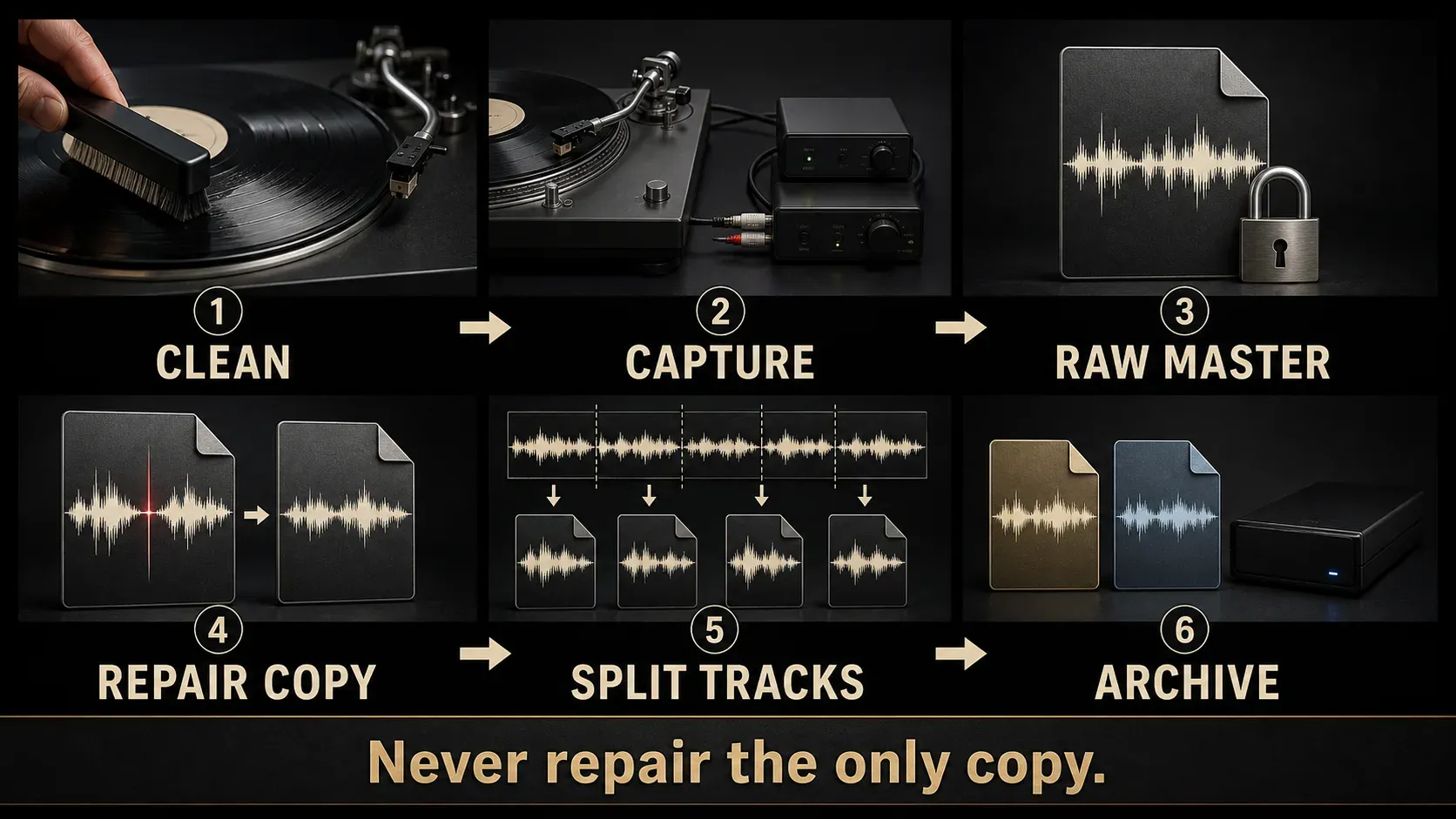 Six-step vinyl digitization workflow from cleaning and capture to raw master, repair copy, track splitting and archive