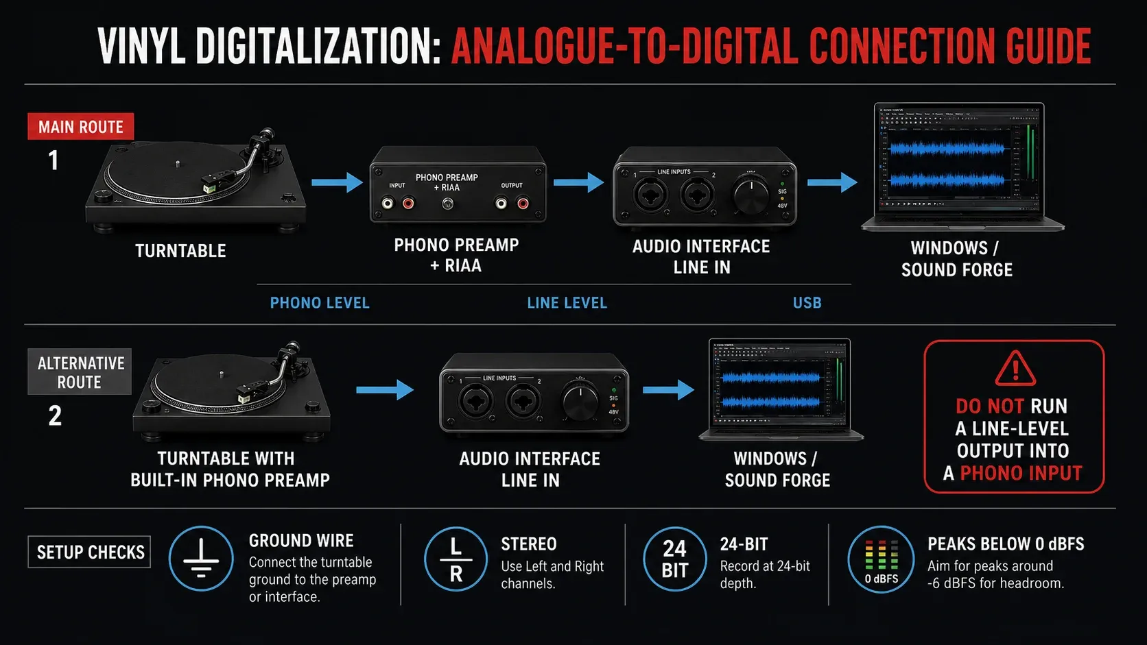 Turntable phono preamp audio interface and Sound Forge vinyl capture signal chain