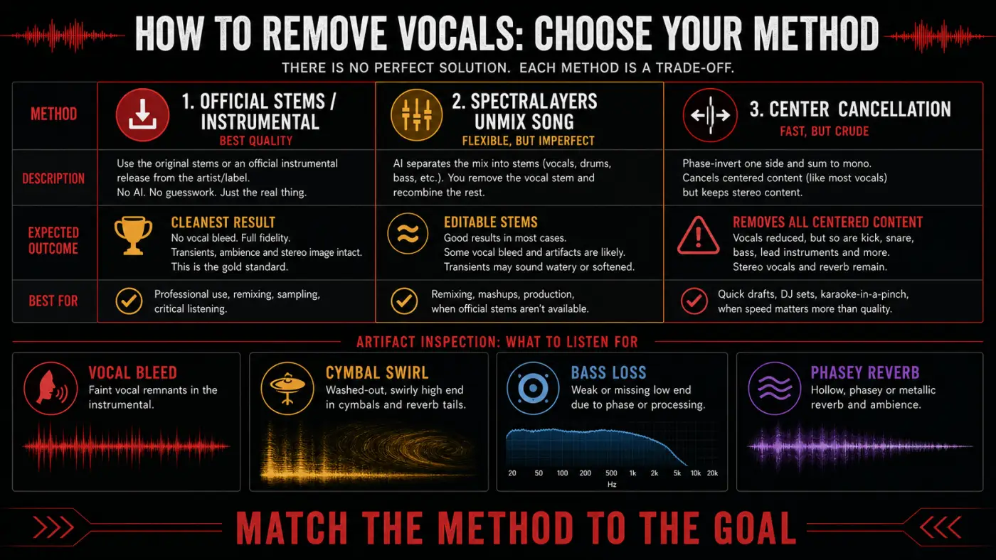 Official stems SpectraLayers and center cancellation vocal-removal method comparison