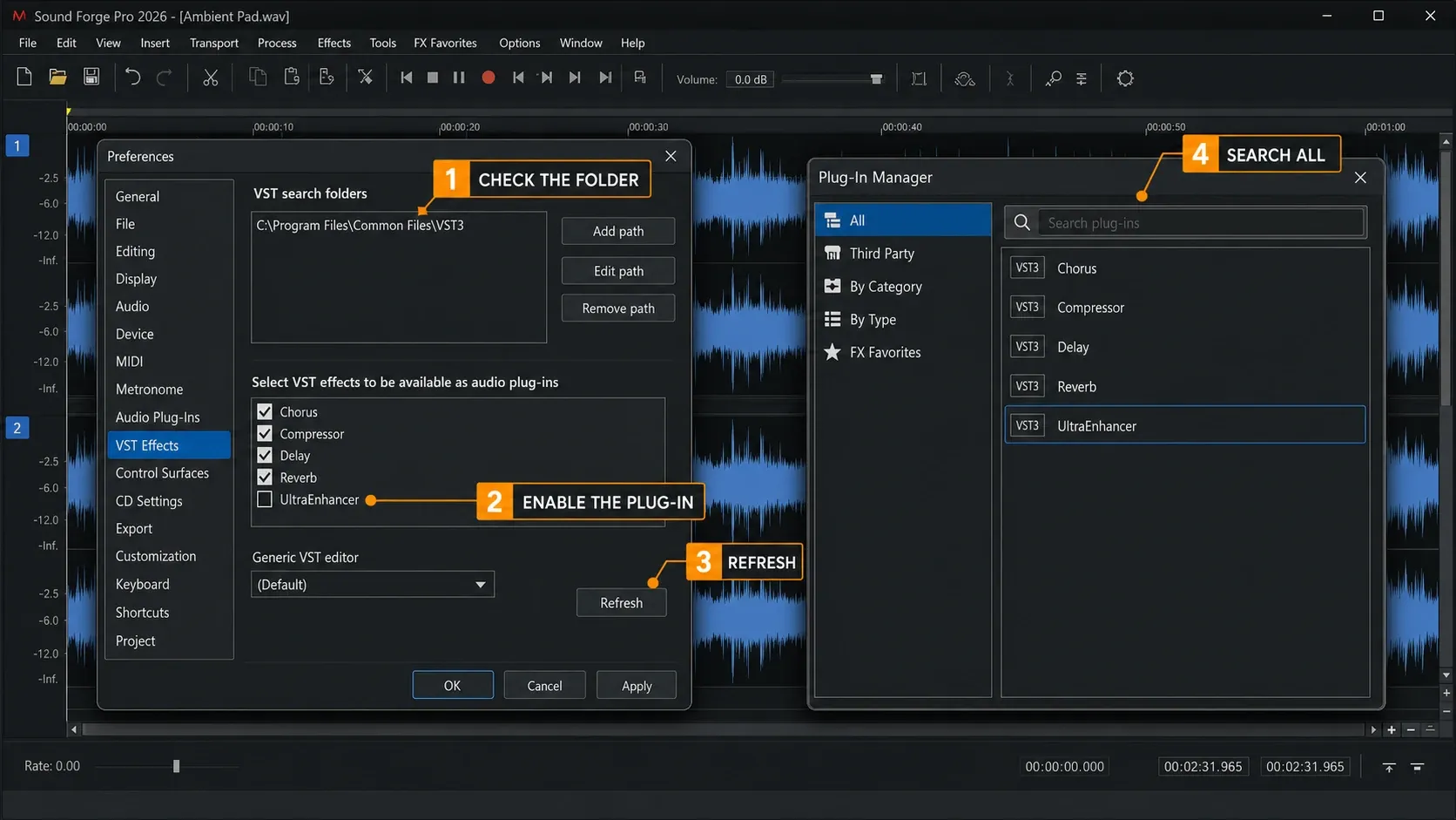 The VST scan folder set in Sound Forge, then refreshed and searched in Plug-In Manager