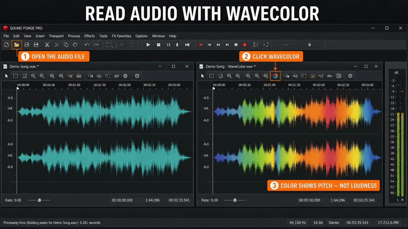 The same passage in Sound Forge as a plain waveform and with WaveColor showing pitch as hue