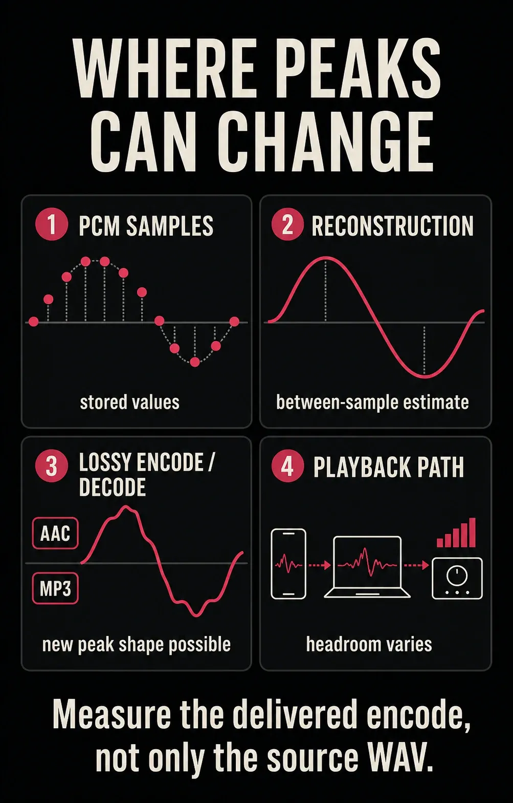 Four-stage path showing PCM samples, reconstructed true peak, lossy encoding and playback devices where peak shape can change