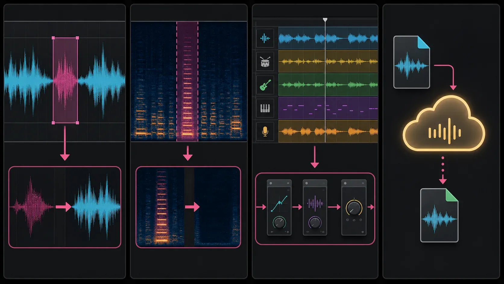 Audio repair workflows in a waveform editor, spectral editor, DAW plugin chain and cloud service
