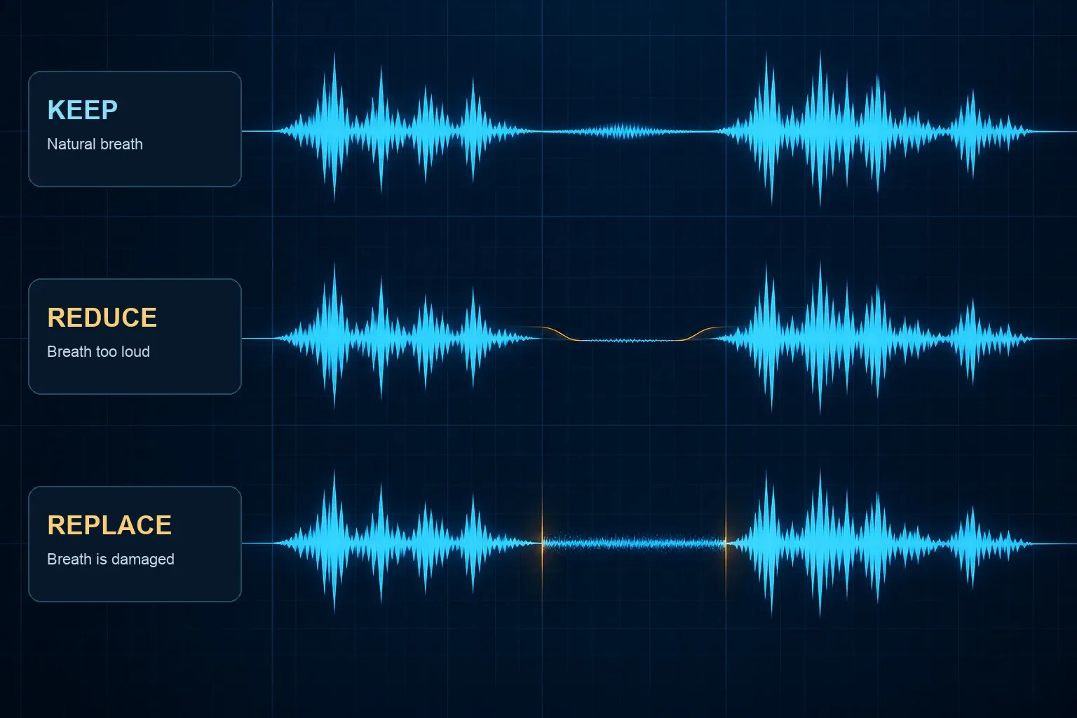 Three breath-editing choices: keep a natural inhale, reduce a loud inhale, or replace a damaged inhale with matching room tone