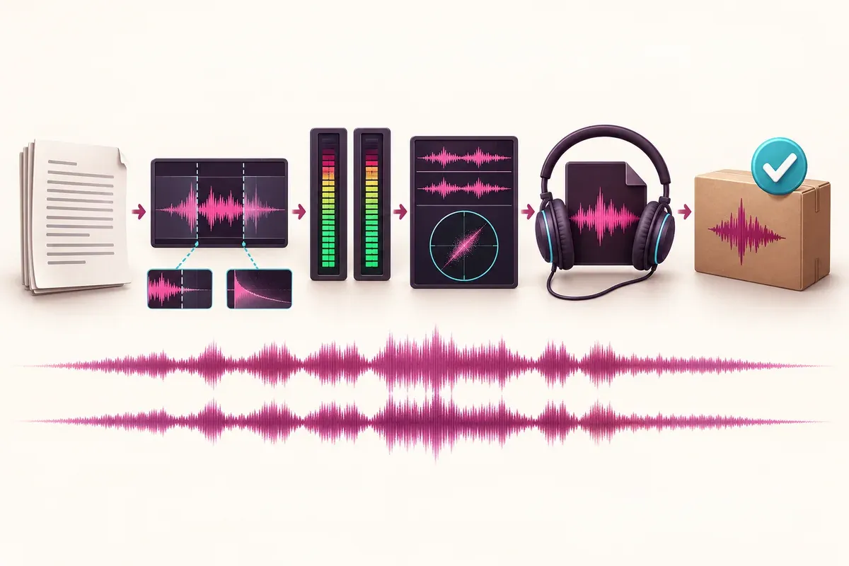 Audio export moving through edit, level, channel, listening and delivery checks