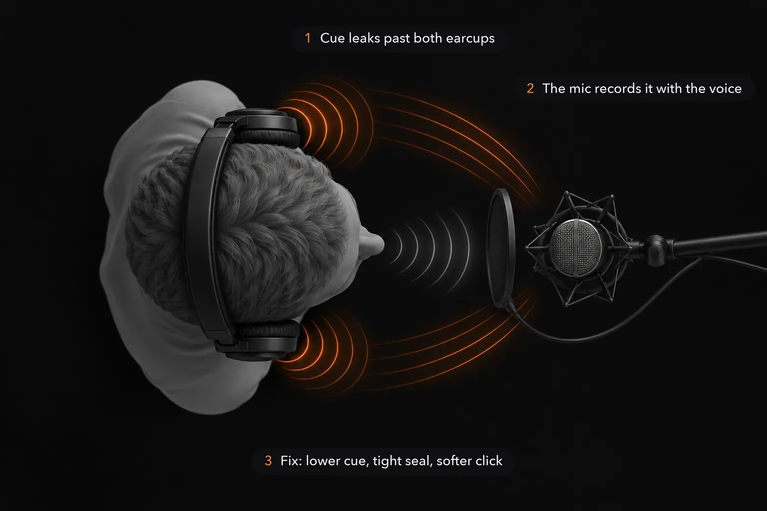 Top-down view of a singer in closed-back headphones at a condenser microphone with a pop filter: cue sound leaks from both earcups and reaches the mic along with the voice