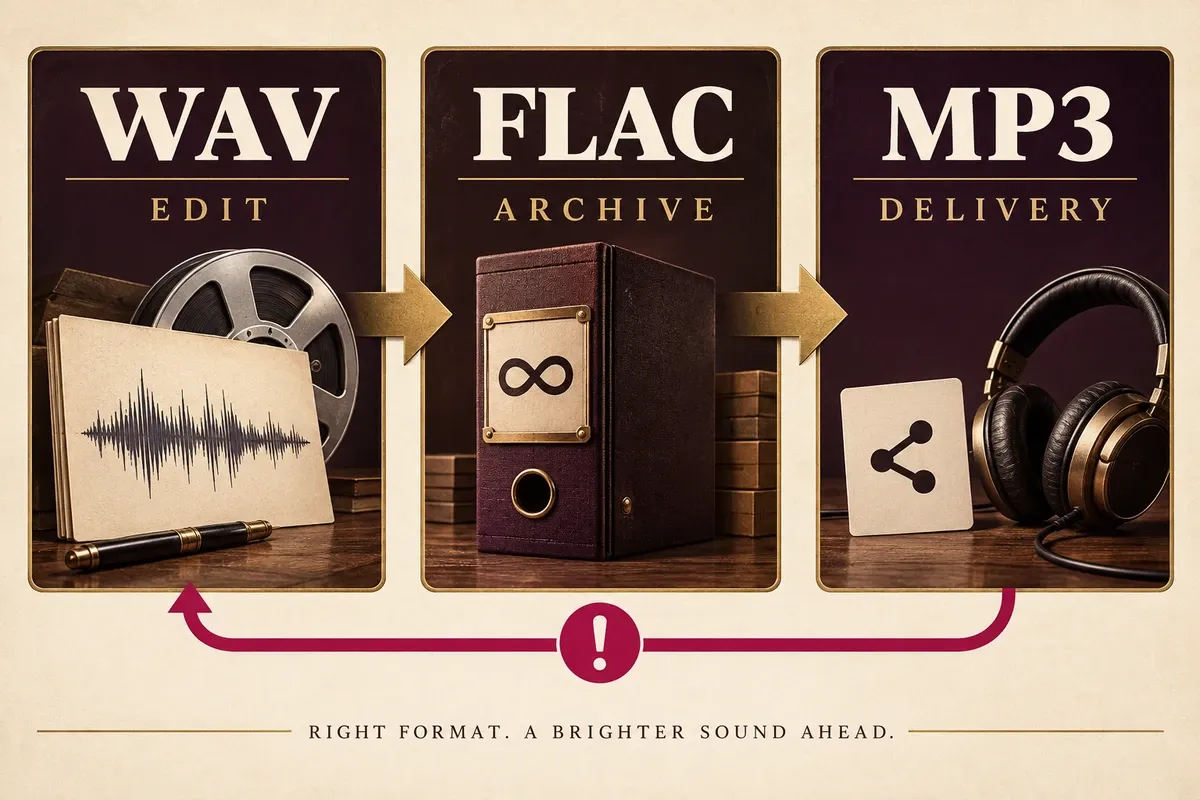 WAV for editing, FLAC for lossless archives, and MP3 for delivery without converting MP3 back into a working master.