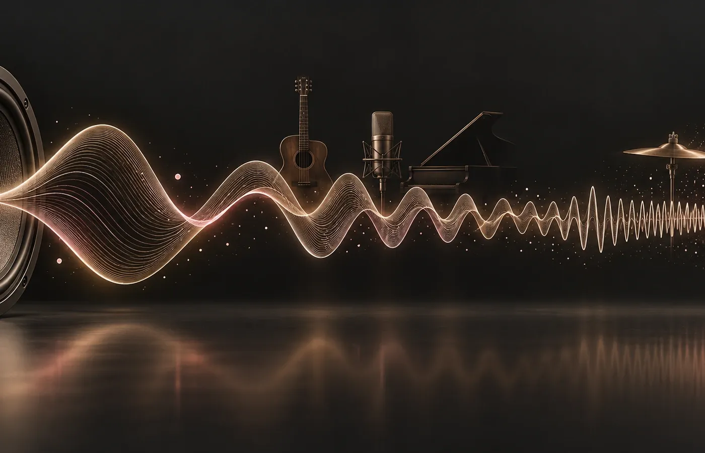 Audio spectrum moving from broad low-frequency bass waves through musical midrange detail to fine treble oscillations