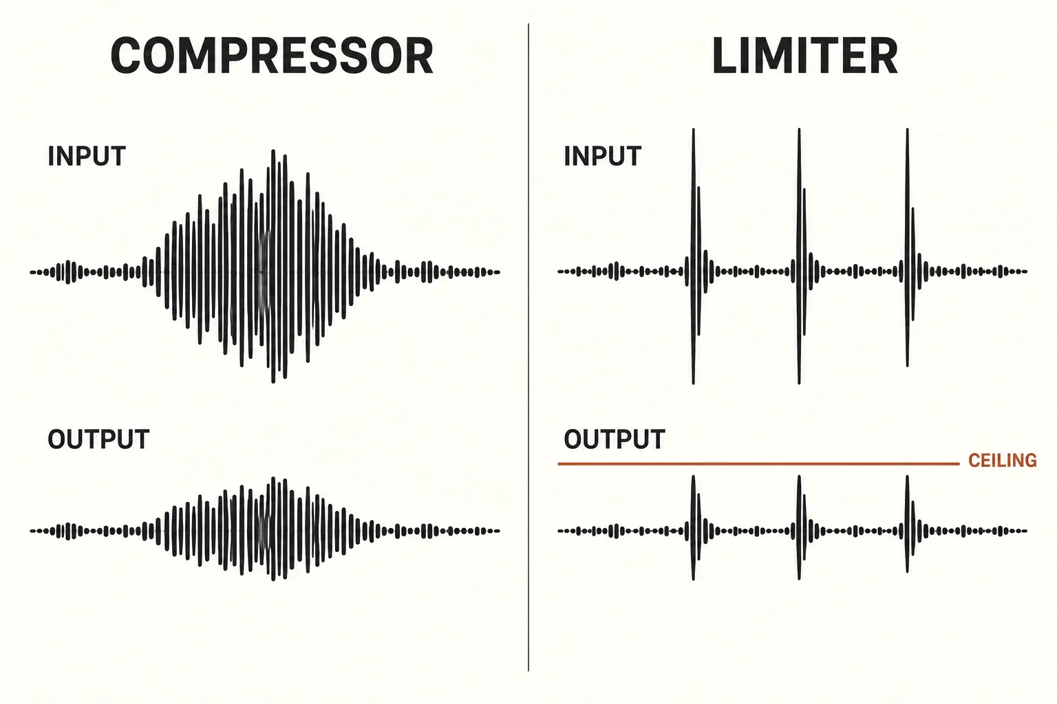 Compressor and limiter waveforms showing broad level control and brief peak restraint below a ceiling