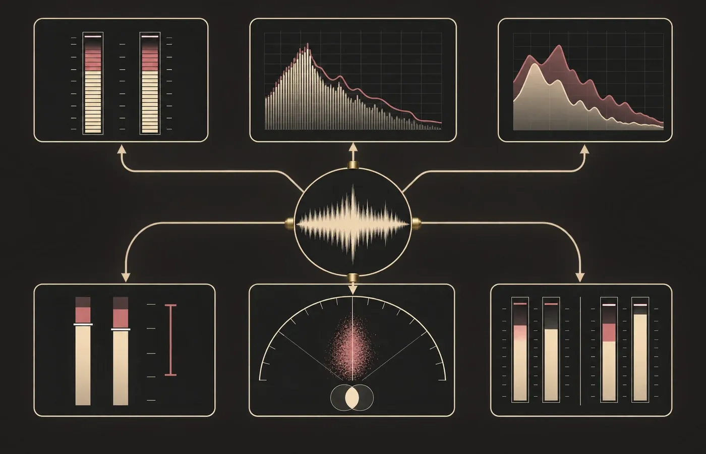 Decision map matching six audio questions with loudness, spectrum, masking, dynamics, stereo correlation and level meters