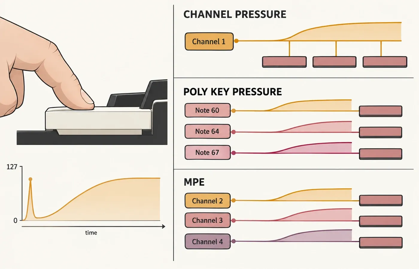 Infographic comparing pressure timing and note addressing for Channel Pressure, Polyphonic Key Pressure and MPE