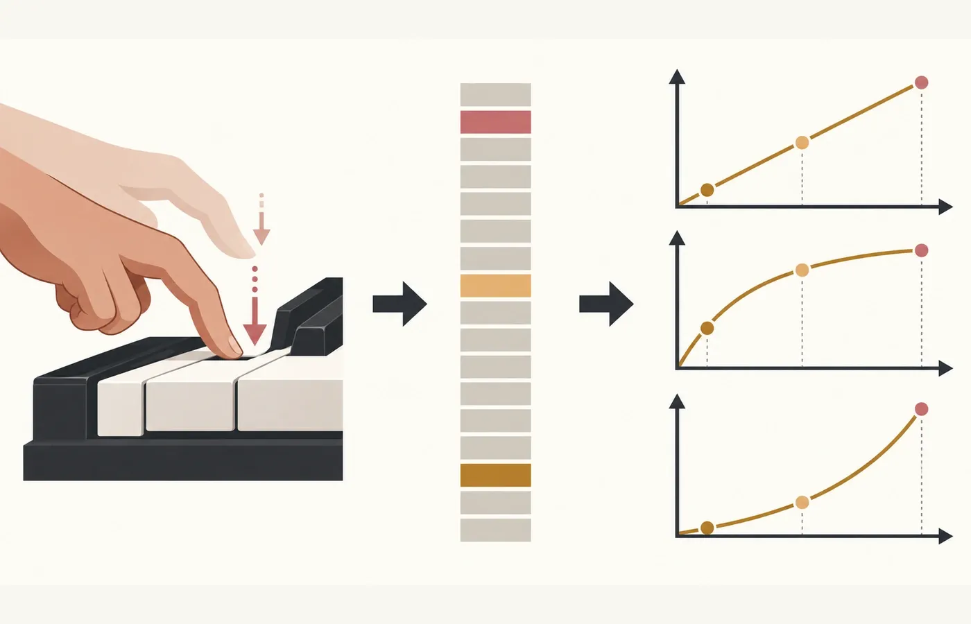 Diagram showing a playing gesture becoming a MIDI velocity value and then an instrument response curve