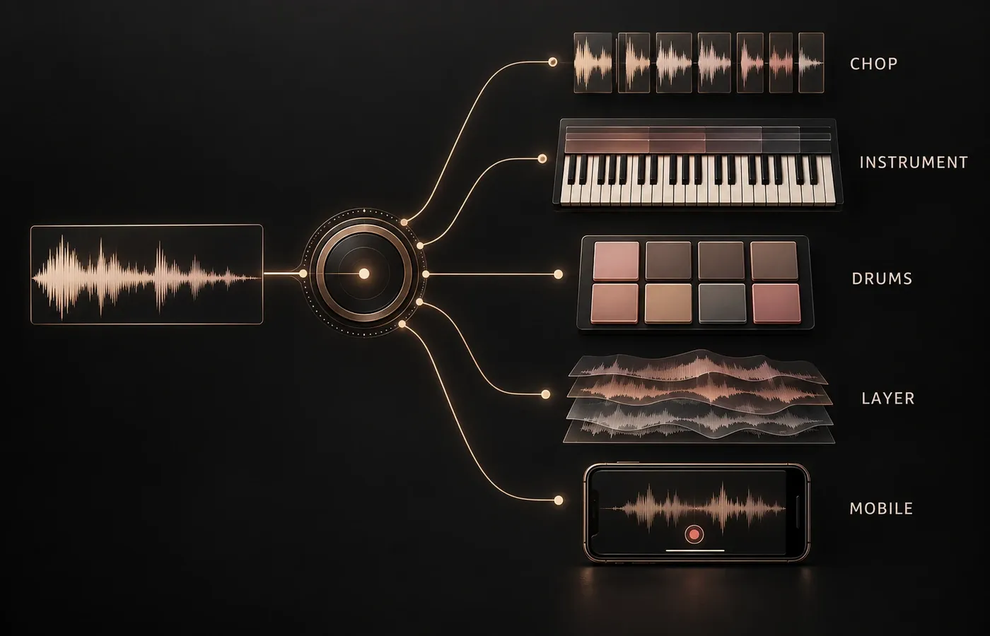 Sampling workflow that routes recorded audio into loop chopping, multisampled instruments, drum kits, layered sound design and mobile beat making
