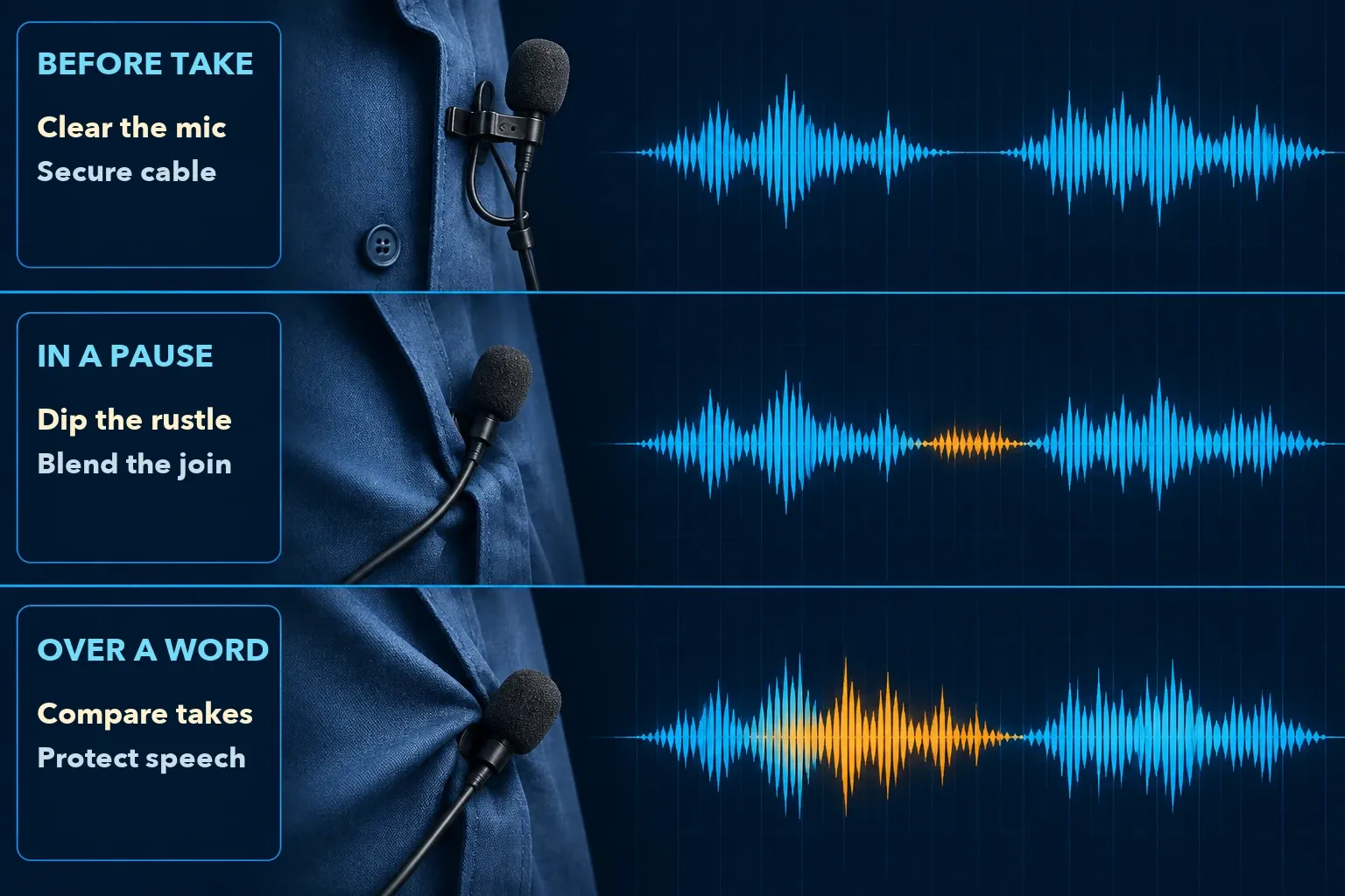 Lavalier rustle decisions: secure the microphone and cable, reduce noise in a pause, and protect a word overlapped by fabric noise