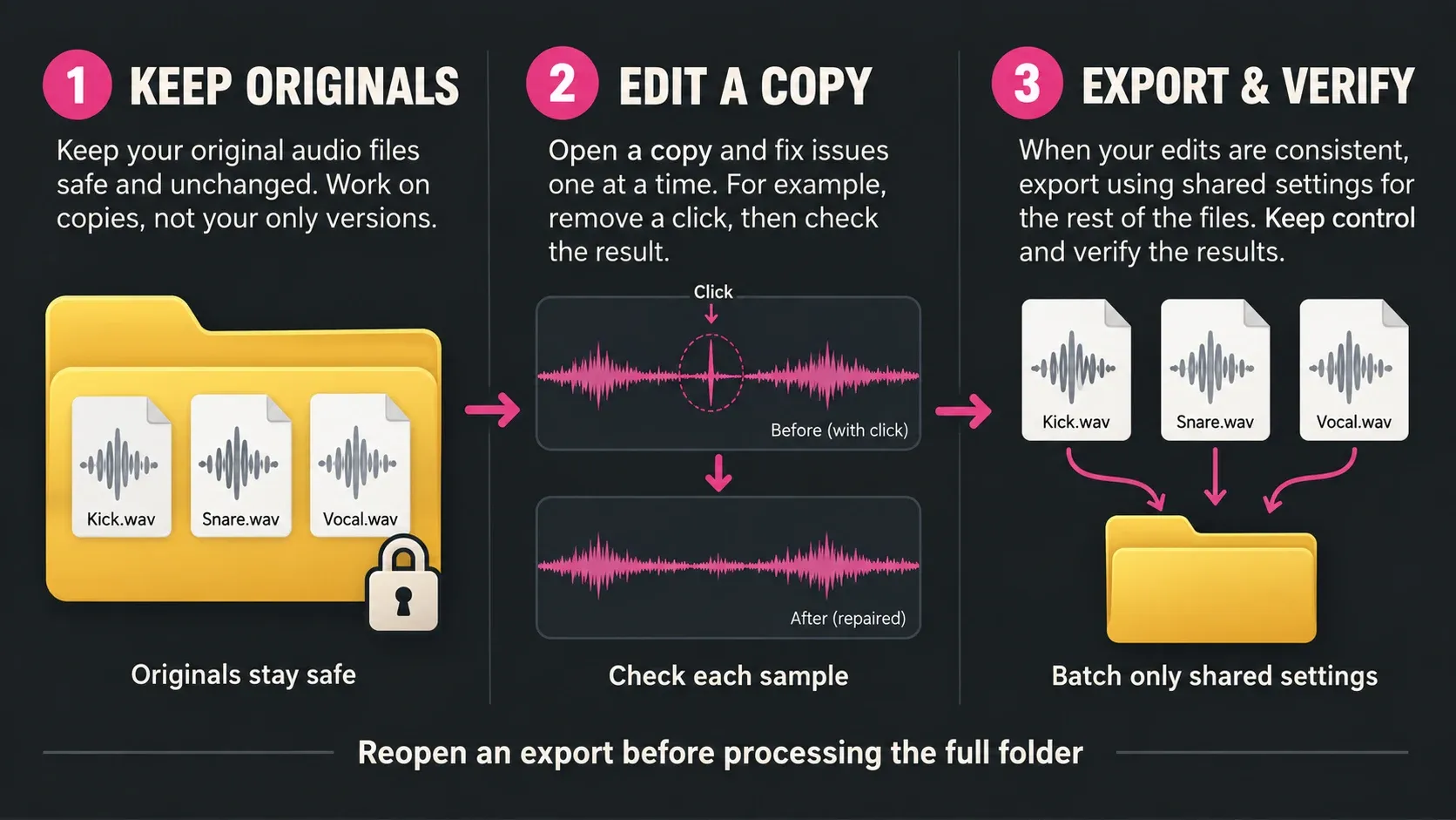 Sample preparation diagram: preserve originals, repair a working copy and verify exports in a separate folder