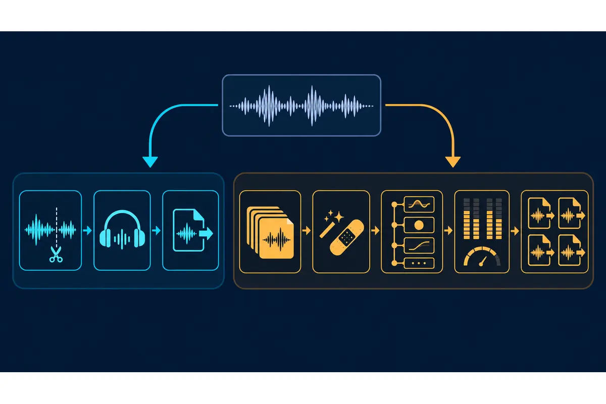 Decision diagram comparing Ocenaudio quick editing with Sound Forge batch restoration and mastering workflows