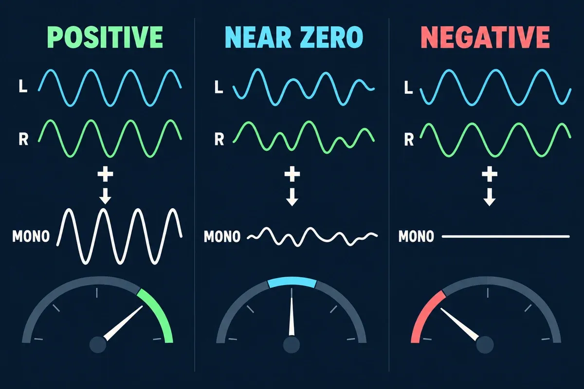 Diagram comparing positive, near-zero and negative phase correlation with stereo channels folded to mono