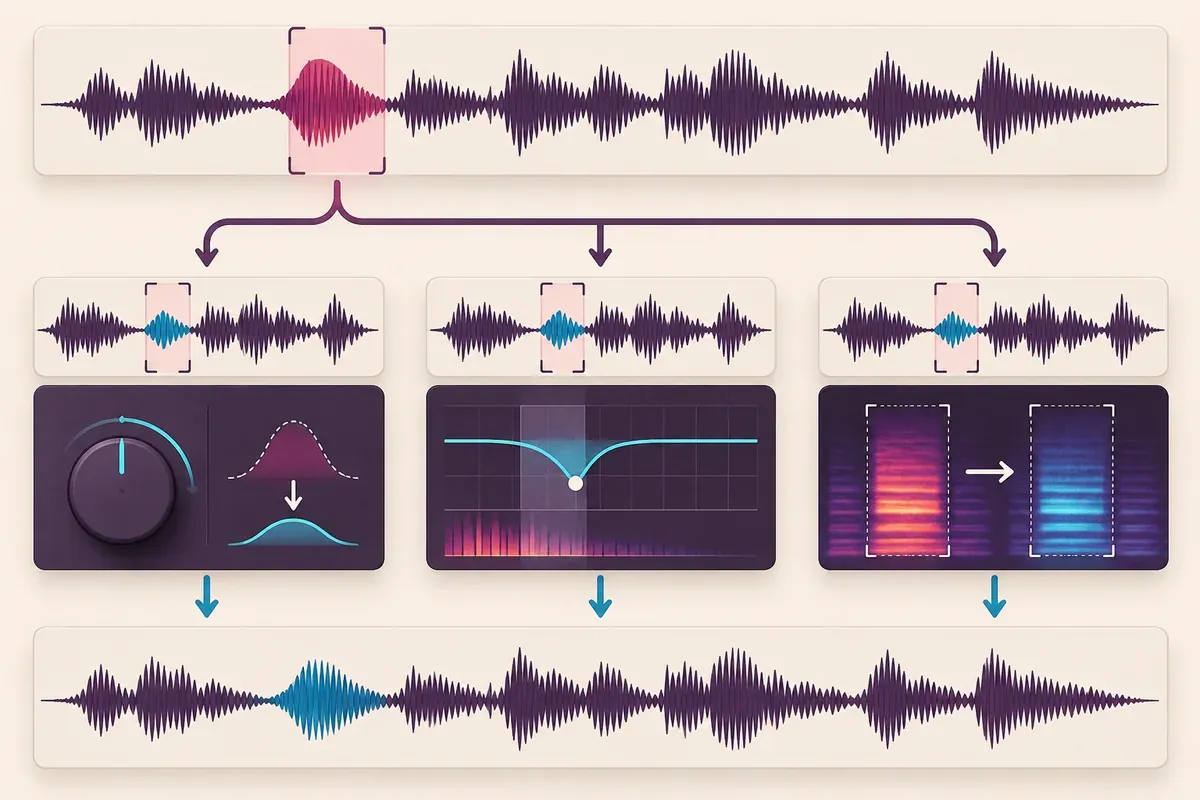 Plosive burst isolated for local gain, low-frequency EQ or spectral repair