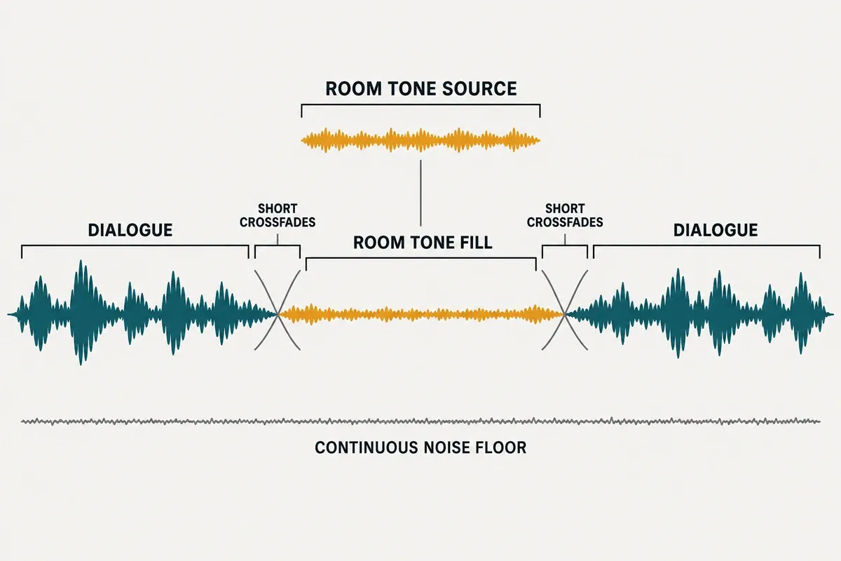 Dialogue, room-tone selection, gap replacement, short crossfades and a continuous noise floor.