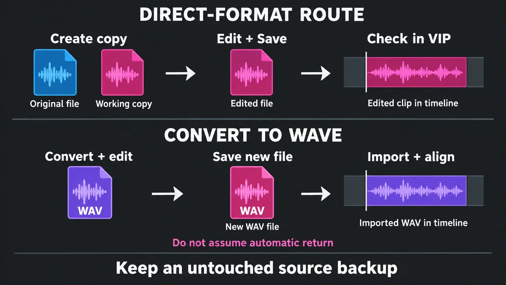 Samplitude external-edit paths: save a working copy back to the VIP, or manually import and align a converted WAV