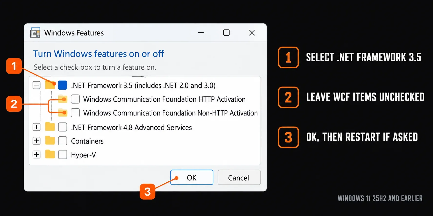 Windows Features dialog with .NET Framework 3.5 selected and both Windows Communication Foundation items left clear