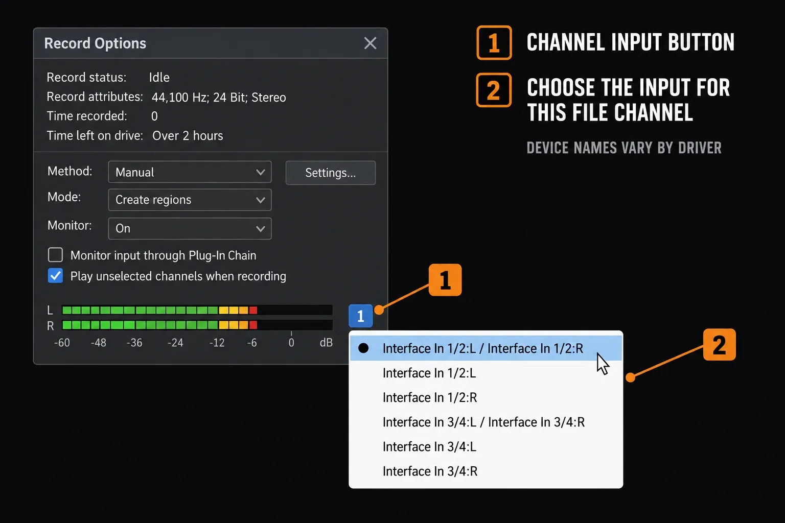 Sound Forge Record Options dialog with the channel input menu open and a list of input devices