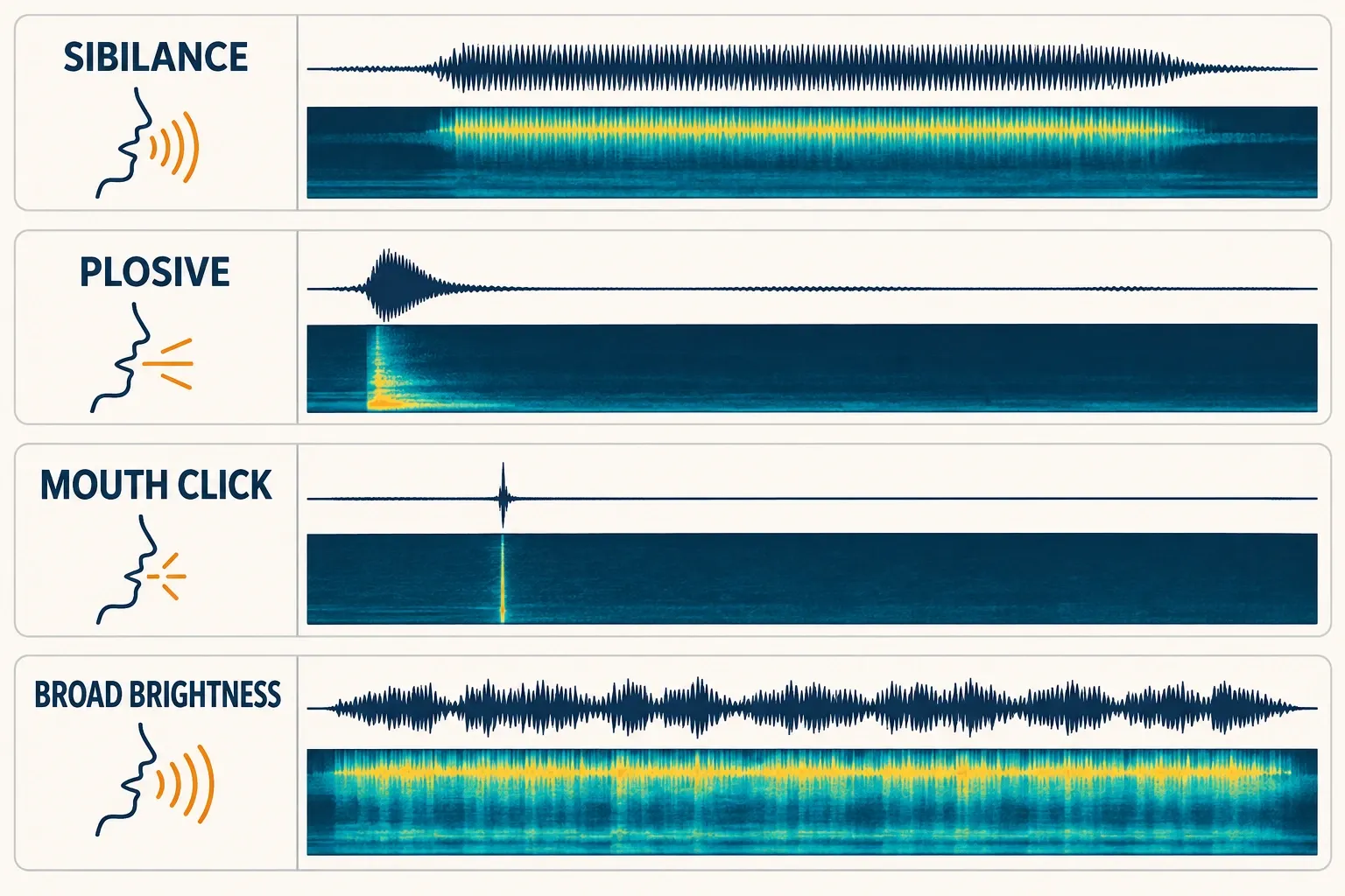Visual guide comparing sibilance, a plosive, a mouth click and an overly bright recording
