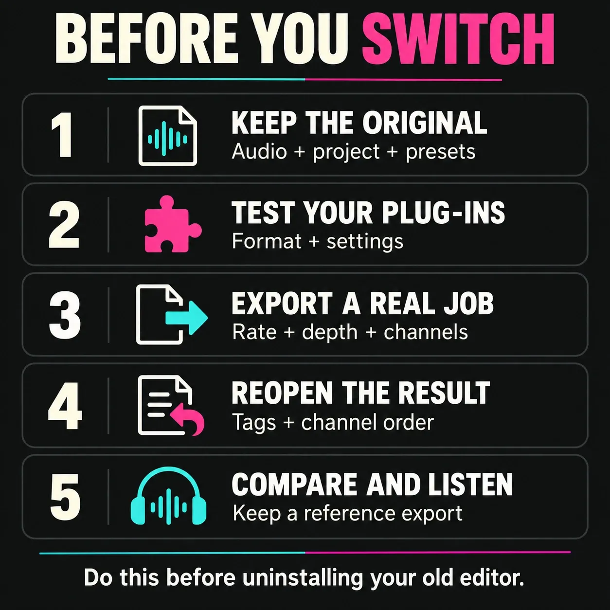 Five checks before switching audio editors: originals, plug-ins, export, metadata and listening comparison